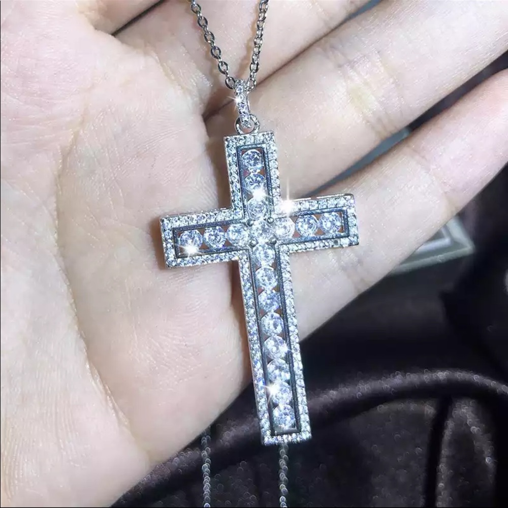 New 925 Silver Men Women Luxury Cross Diamond Necklace